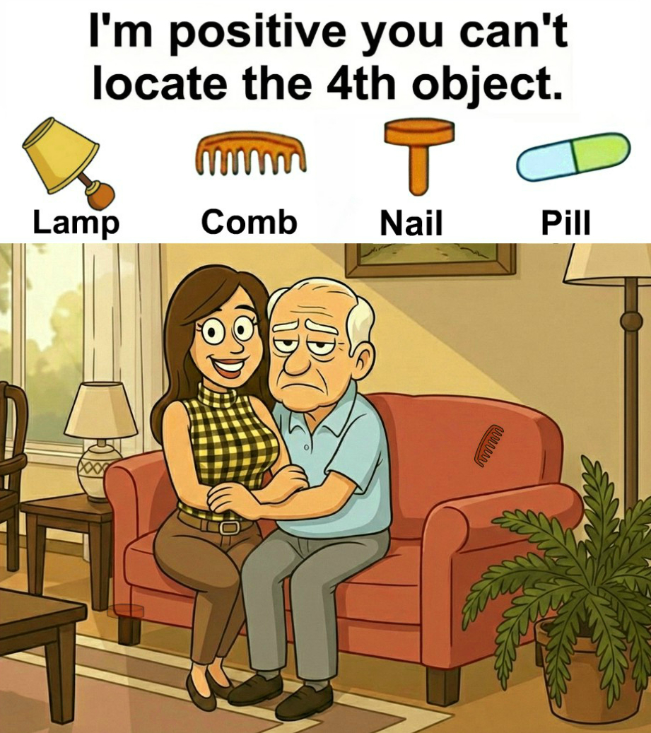 Find Lamp, Comb, Nail, Pill.