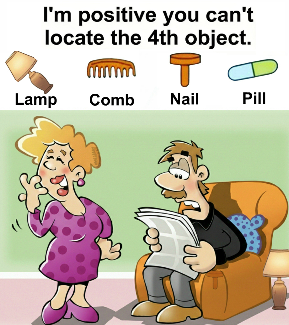 Find Lamp, Comb, Nail, Pill.