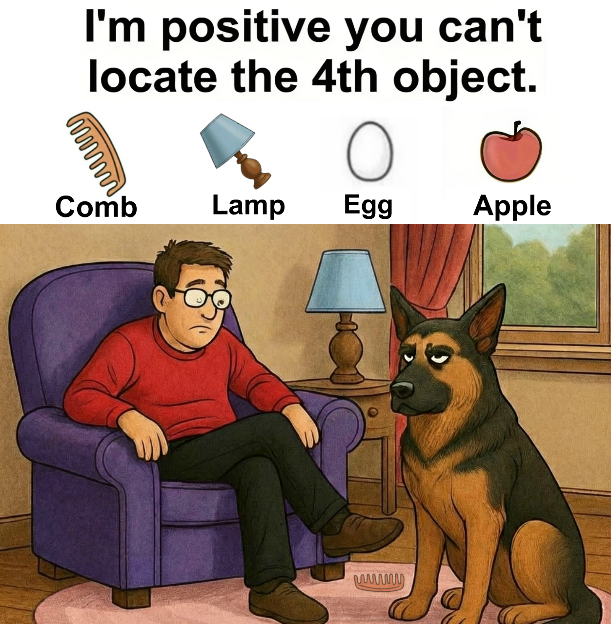 Find Comb, Lamp, Egg, Apple.