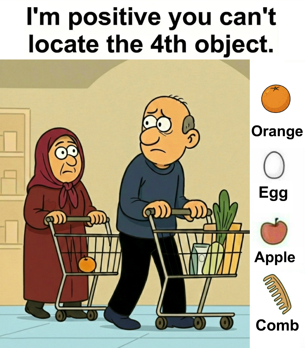 Find Orange, Egg, Apple, Comb.