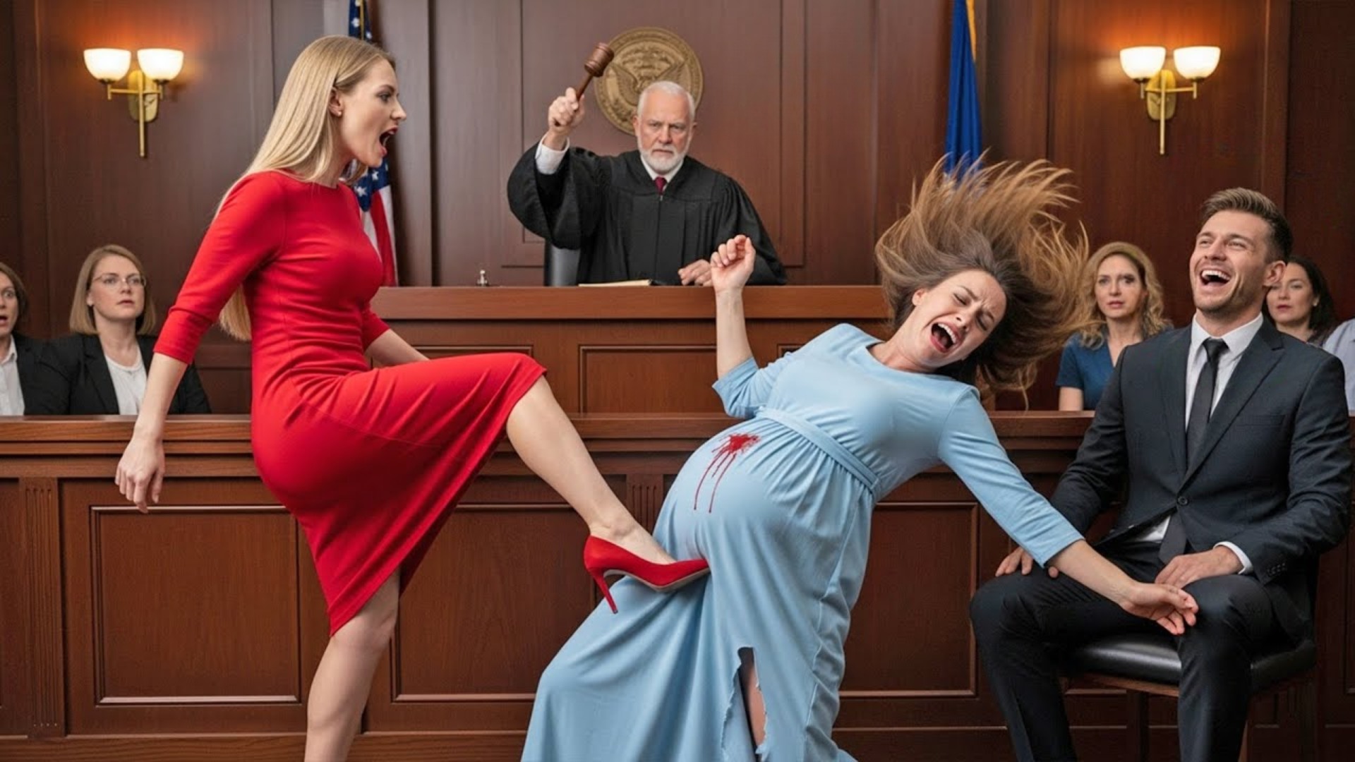 Mistress kicks pregnant wife in court — millionaire has no idea the judge is her father