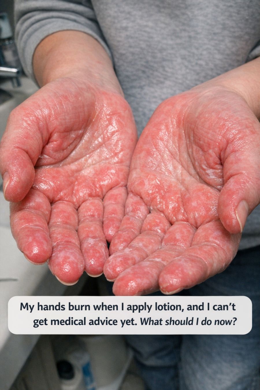 My hands burn when I apply lotion, and I can’t get medical advice yet. What should I do now?