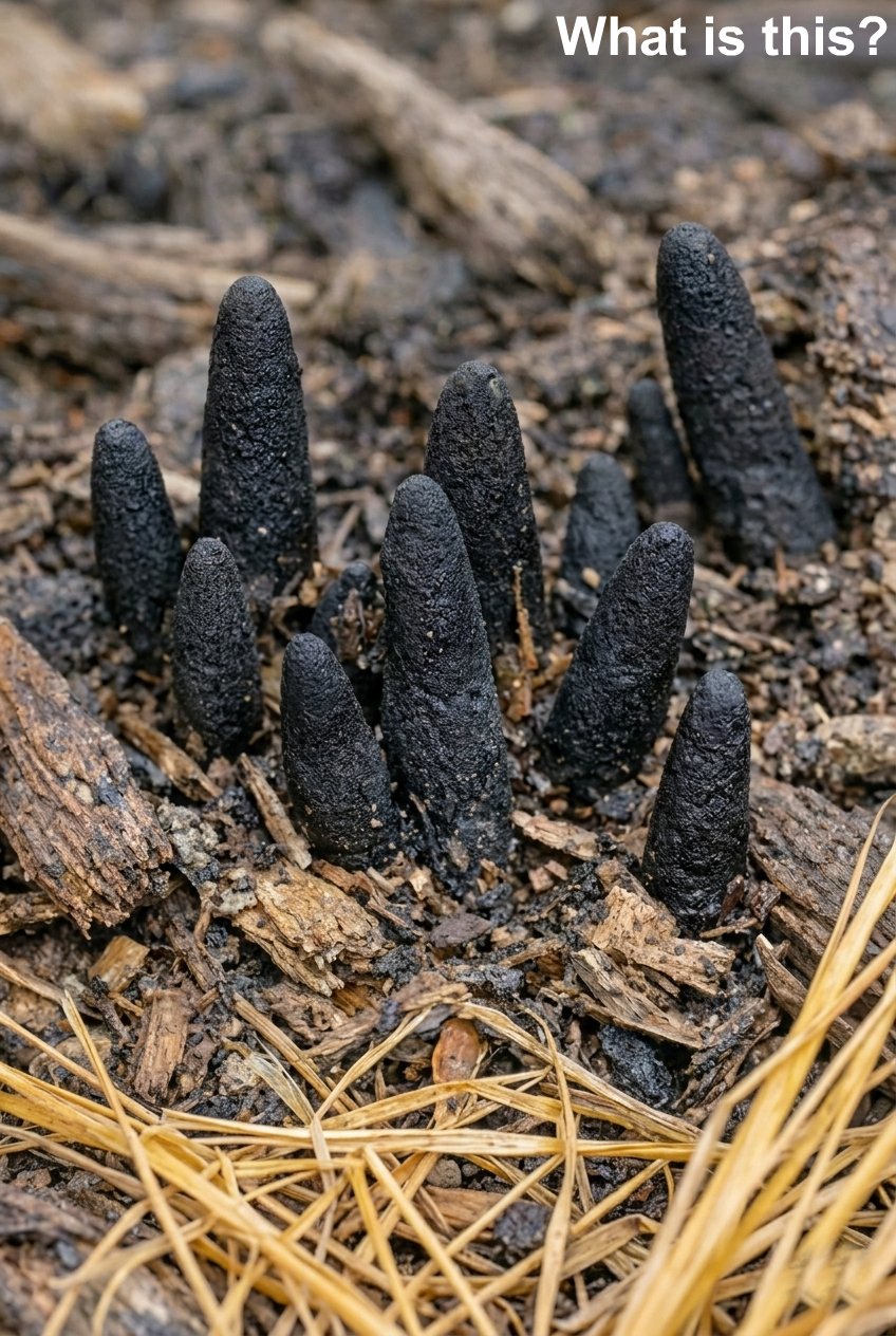 Stumbled across these black, finger-like things poking out of the mulch in my backyard.